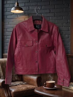 KC Collections Women's Cropped Burgundy Leather Jacket - Sz M